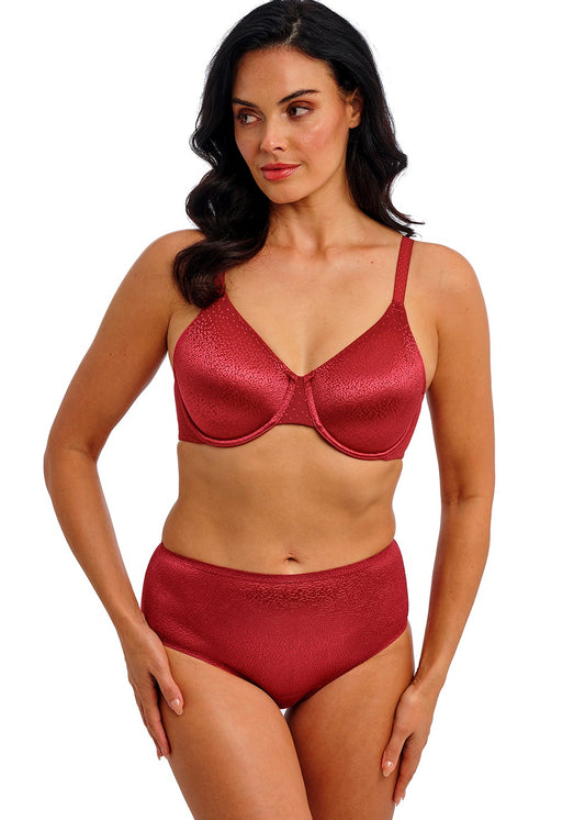 woman wearing a Red underwired contour bra with shiny dots