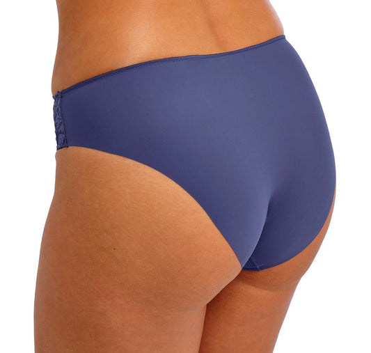 woman wearing a denim blue brief with lace details