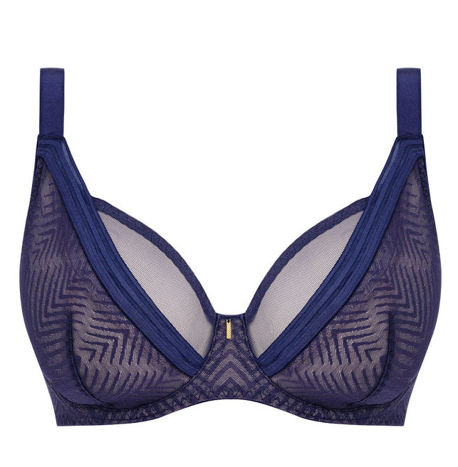big cups plunge bra in dark sapphire with geometric pattern