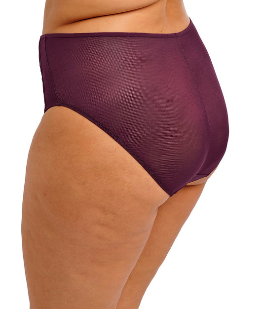 curvy woman wearing a plussize high waist brief in mesh in a blackberry color