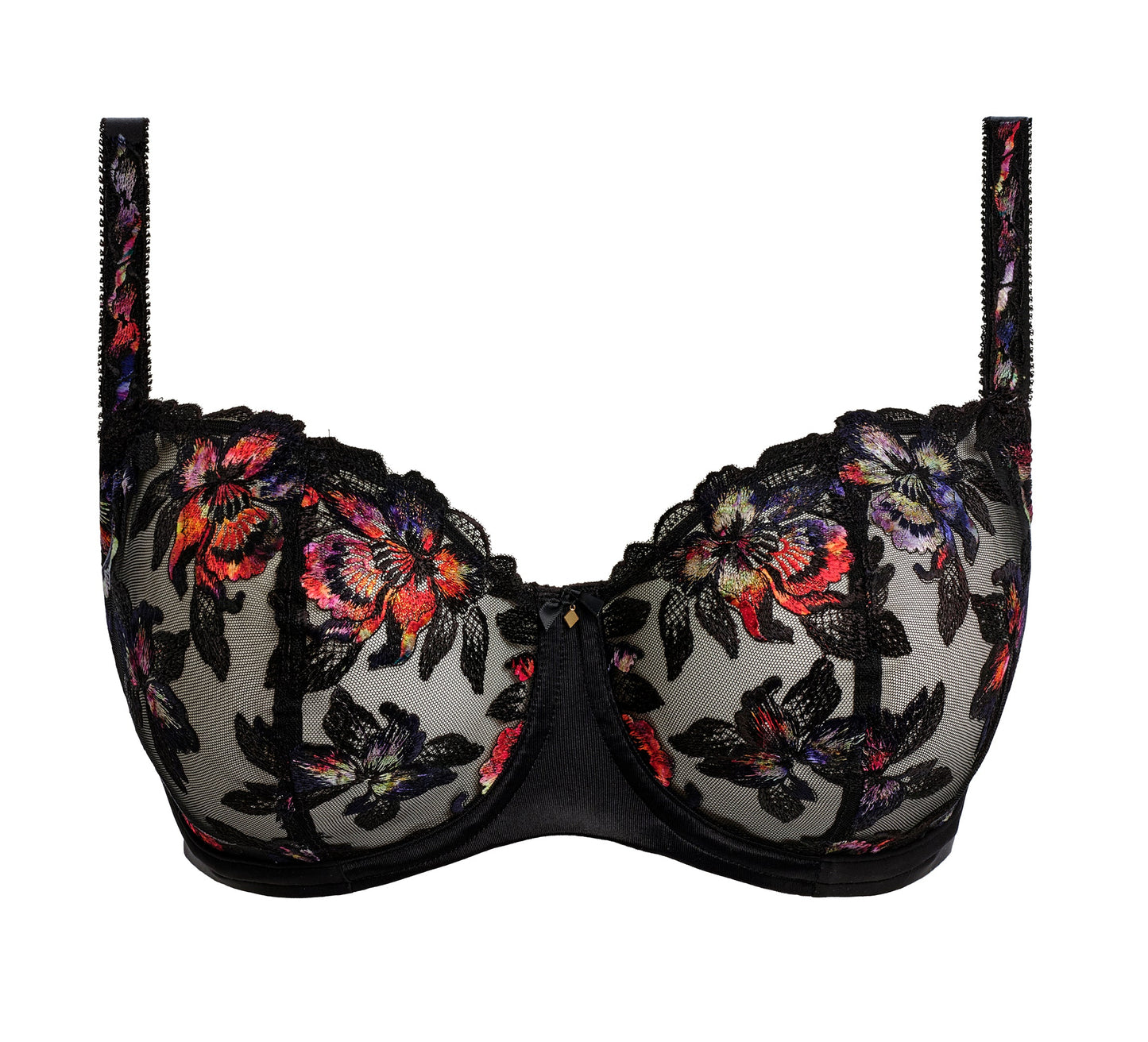 black lace balconette bra with embroidered flowers in sunset colours