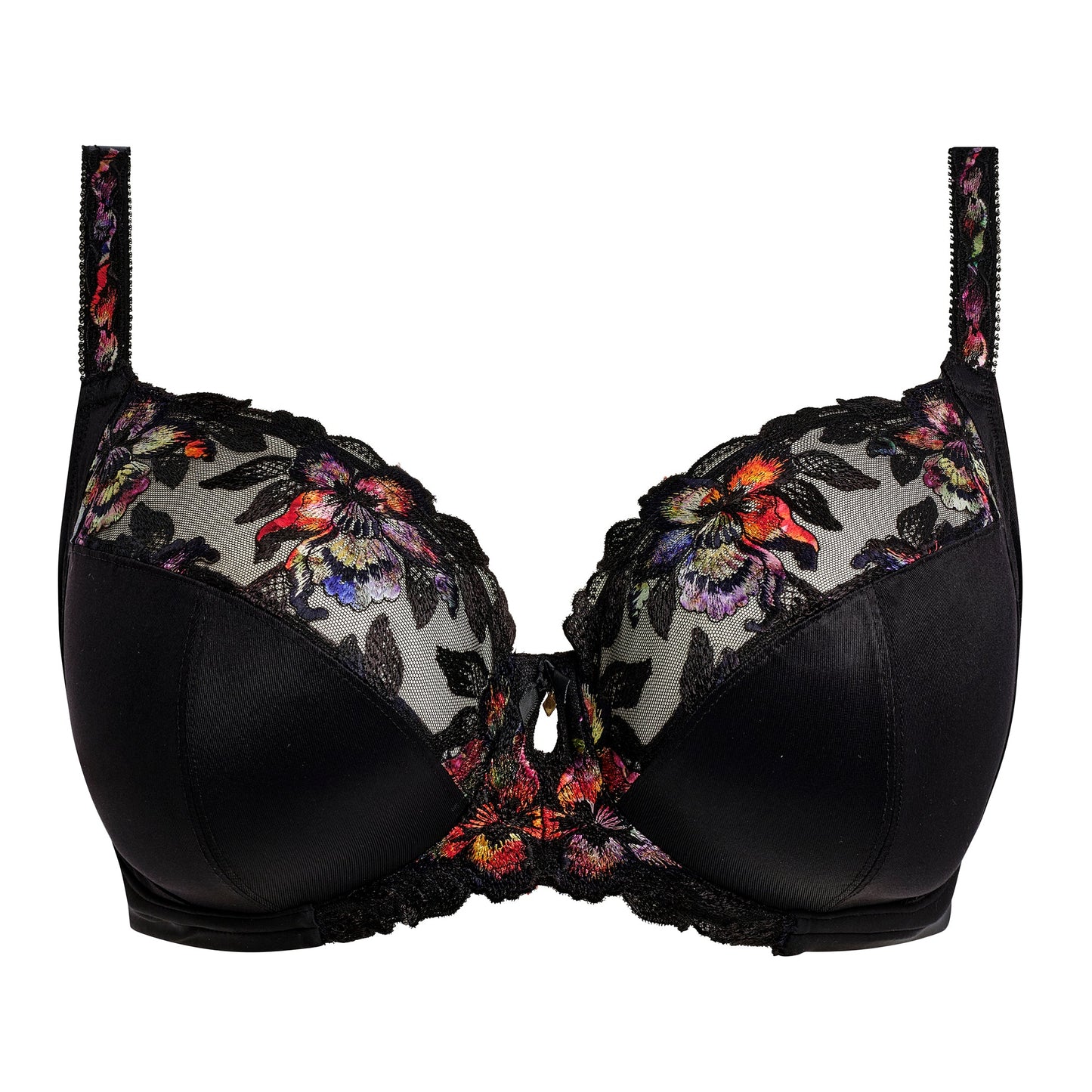 black lace balconette bra with embroidered flowers in sunset colours