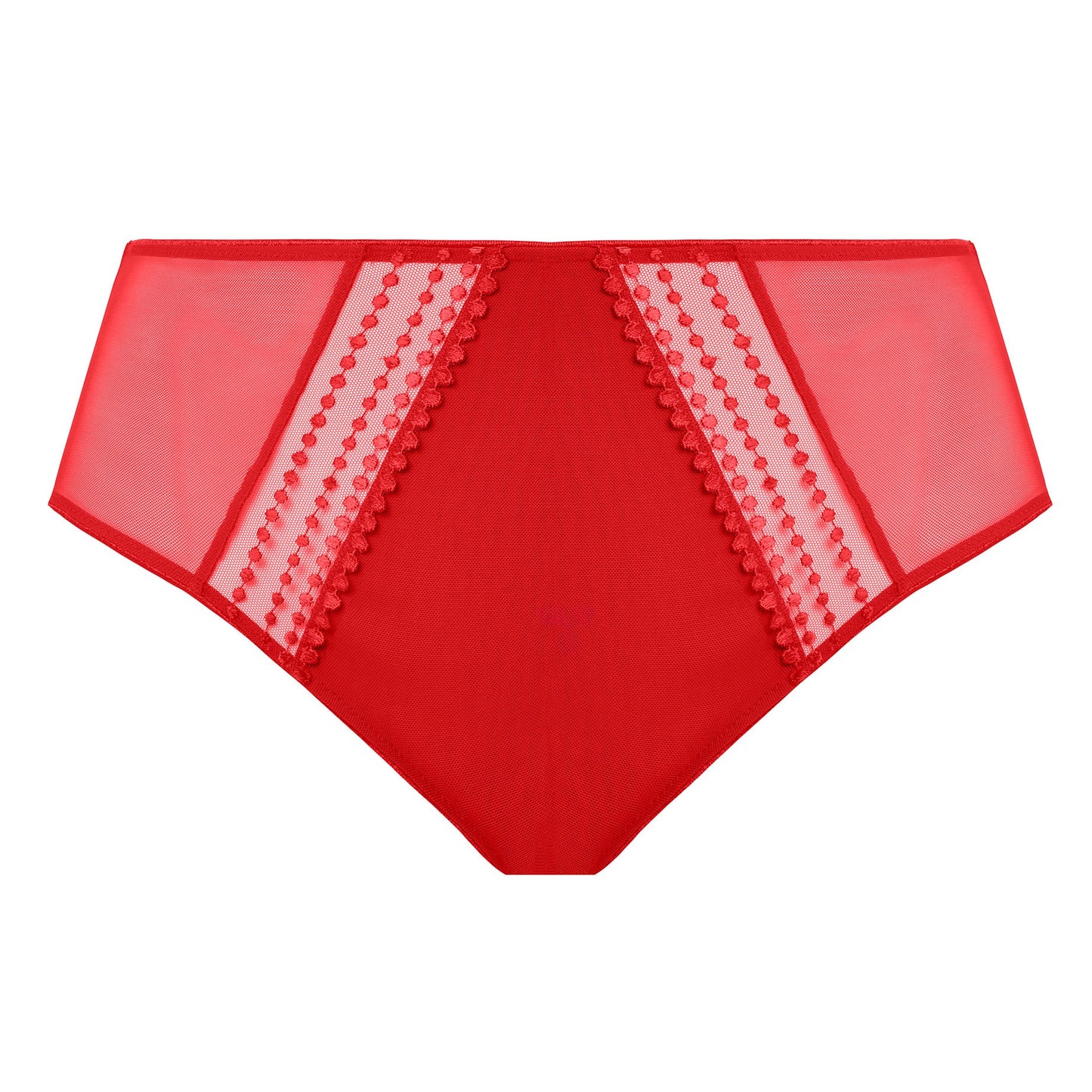 high waist plussize brief with mesh panels in red color against a white background