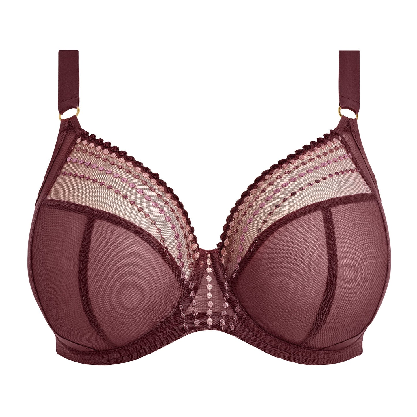 Purple bra with mesh panels on a white background