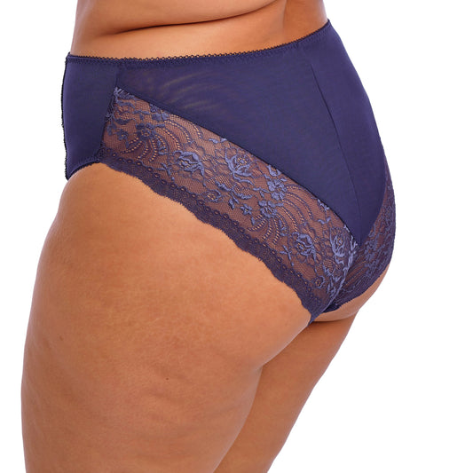 Midnight blue underwear with lace detailing on a white background