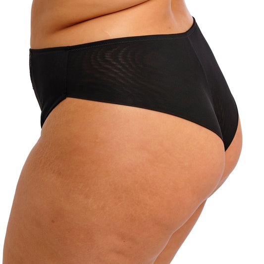 Black lingerie bottom with lace detailing on a white background