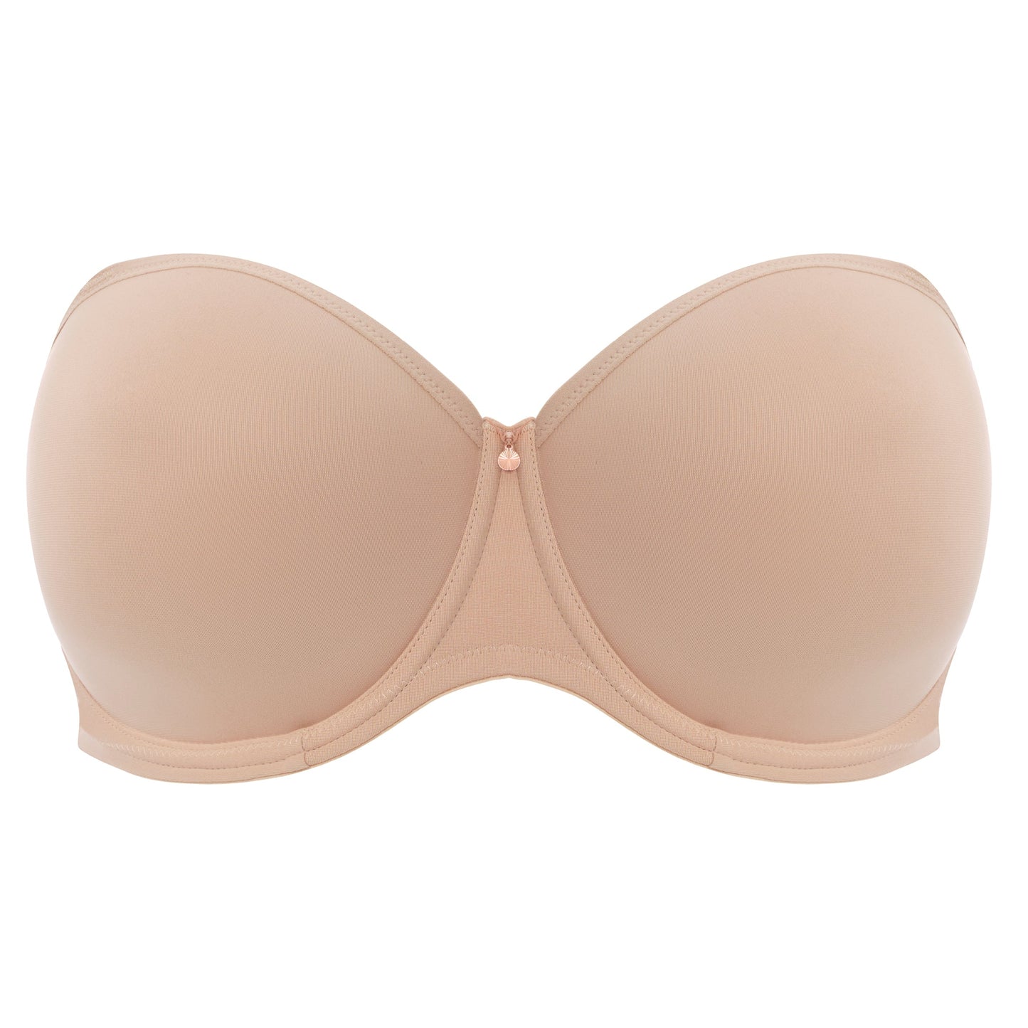 beige strapless bra against a white background