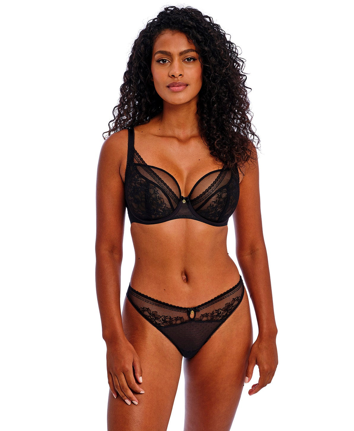 woman wearing a black lace and mesh brazilian brief