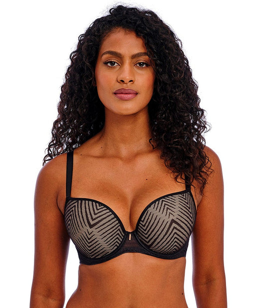 woman wearing a big cup moulded plunge bra in black with abstract stripe pattern