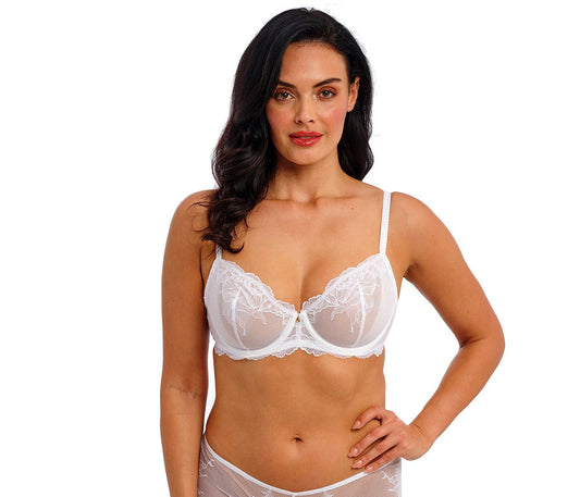woman wearing a white lace bra with flower details