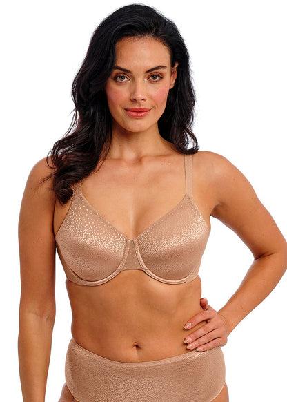 woman wearing a Nude color underwired t-shirt bra with shiny dots
