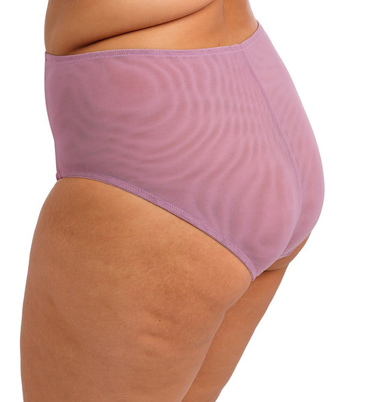 curvy woman wearing a plussize high leg brief in heather purple against a white background