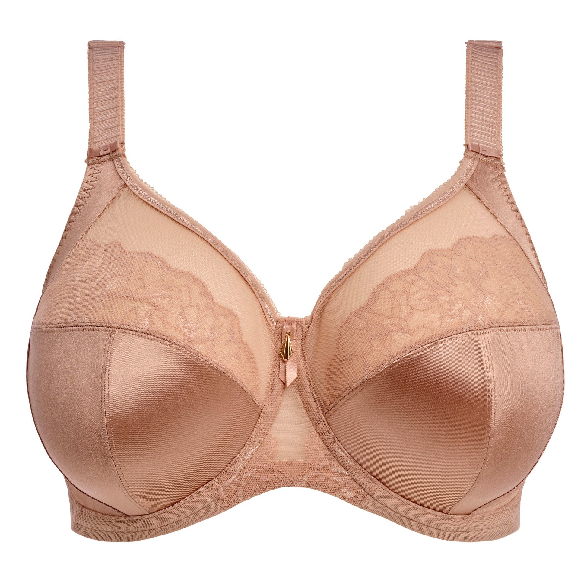 Plussize full cup bra in nude colour in satinlike fabric with mesh and lace details