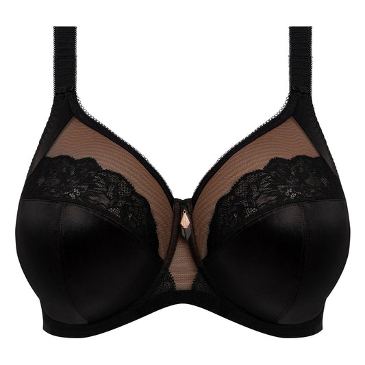 Black bra with lace details on a white background