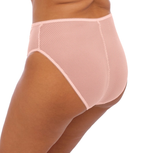 curvy woman wearing a plussize high leg brief in pink lace and mesh