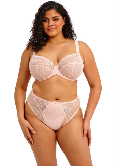 curvy woman wearing a plussize high leg brief in pink lace and mesh