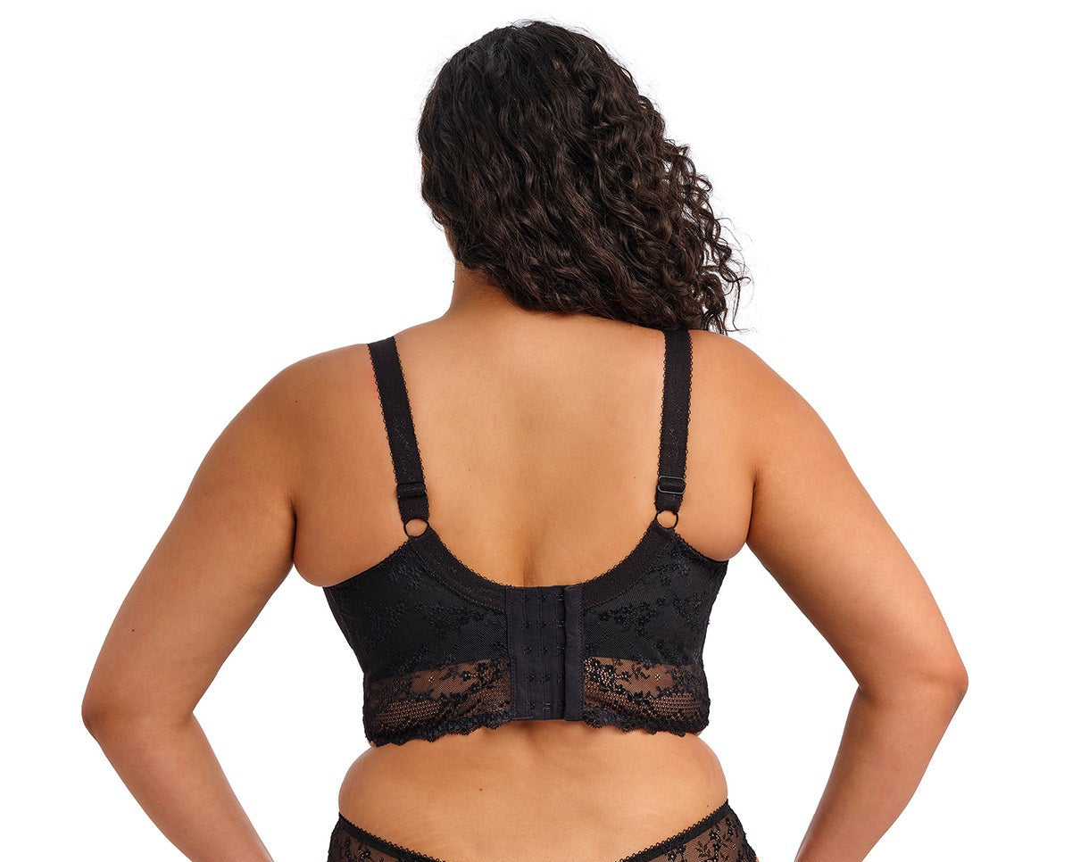 curvy woman wearing a big cups bralette in black mesh and lace