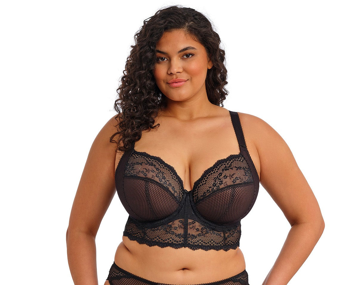curvy woman wearing a big cups bralette in black mesh and lace
