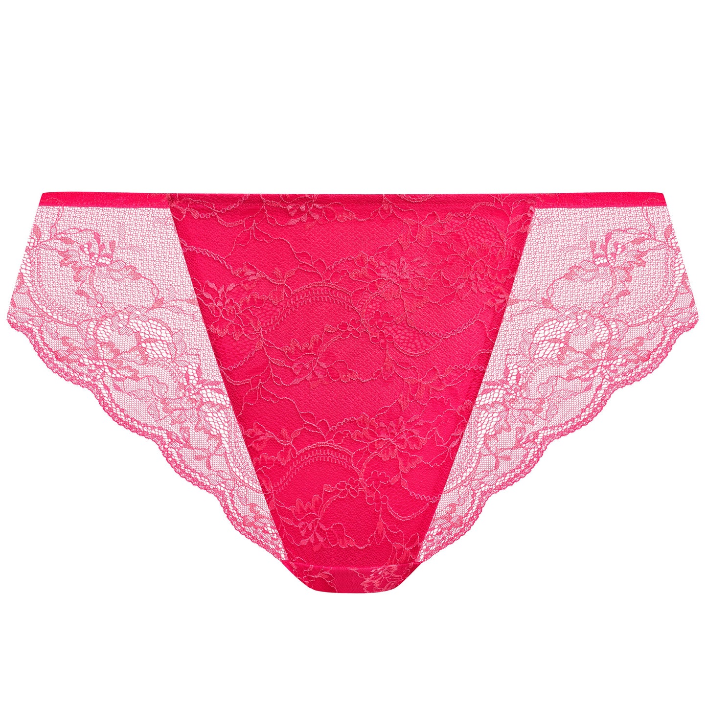 curvy woman wearing a azalea pink lace high leg brief 