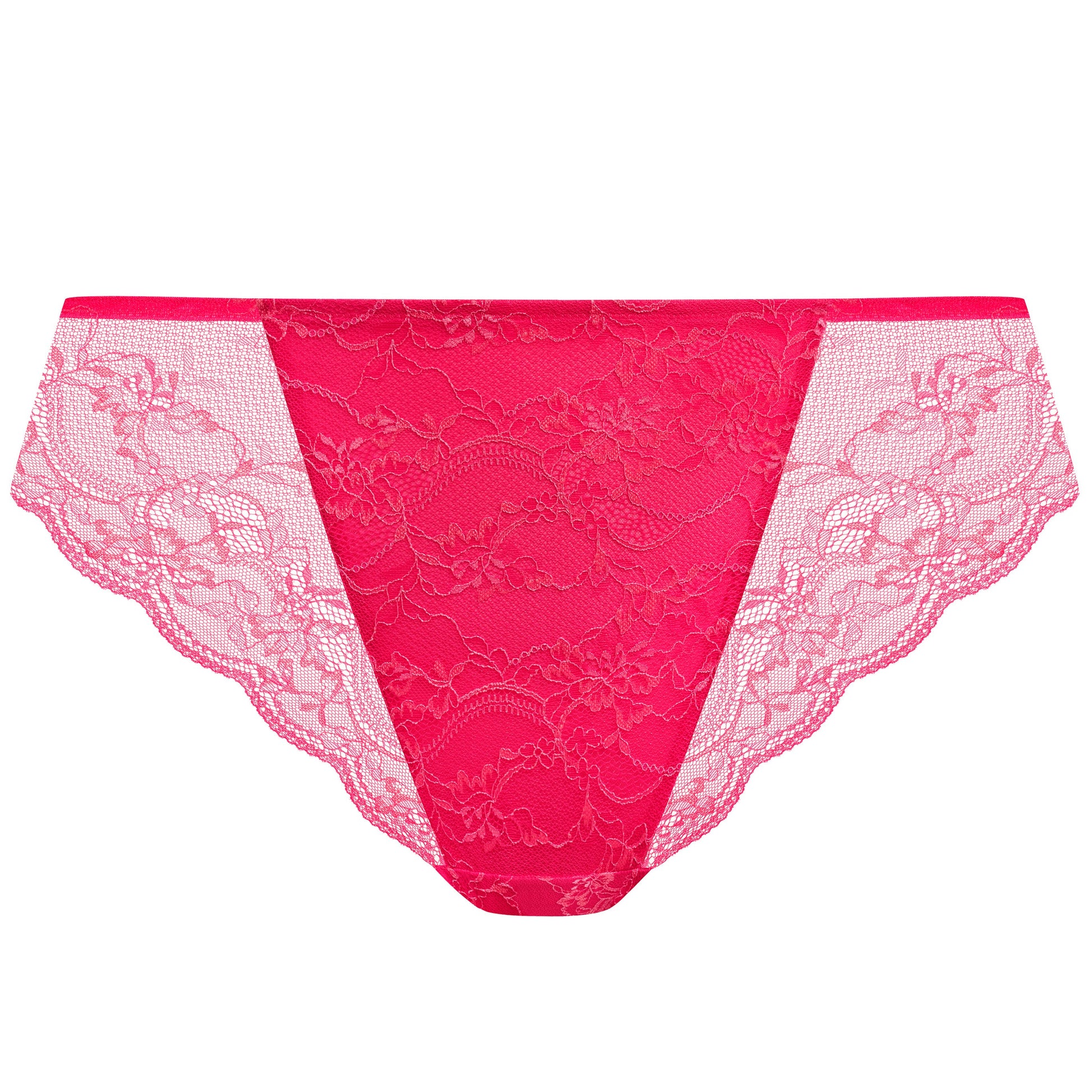 curvy woman wearing a azalea pink lace high leg brief 