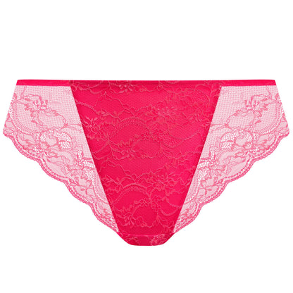 curvy woman wearing a azalea pink lace high leg brief 