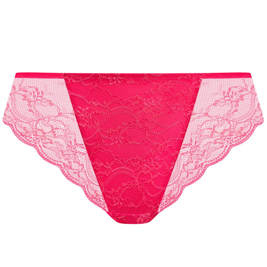 curvy woman wearing a azalea pink lace high leg brief 
