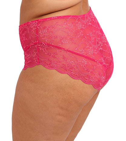 curvy woman wearing a pink lace lingerie short