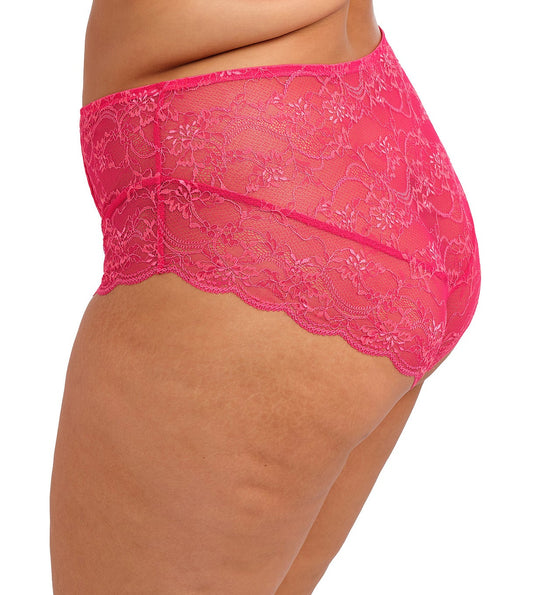 curvy woman wearing a pink lace lingerie short