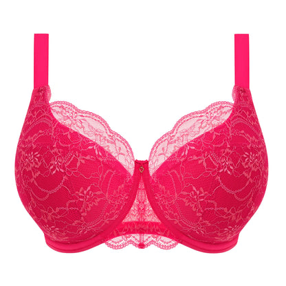 woman wearing a big cup padded bra with stretch lace in azalea pink 