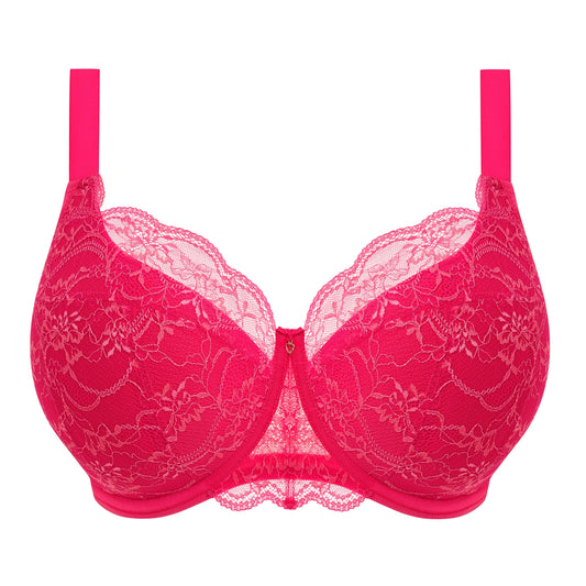 woman wearing a big cup padded bra with stretch lace in azalea pink 