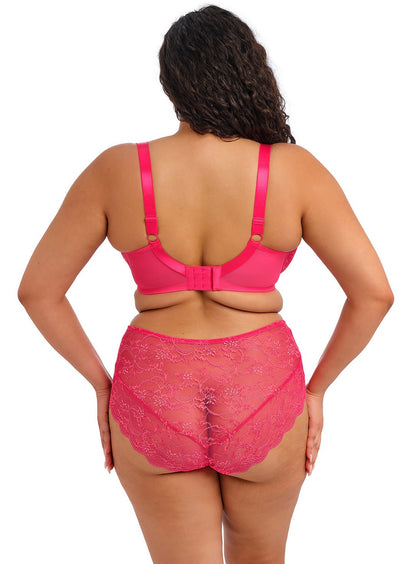 curvy woman wearing a pink lace lingerie short