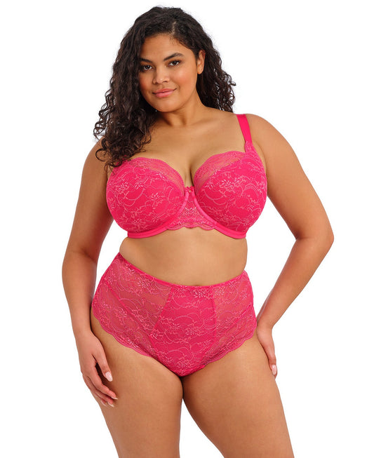 curvy woman wearing a pink lace lingerie short