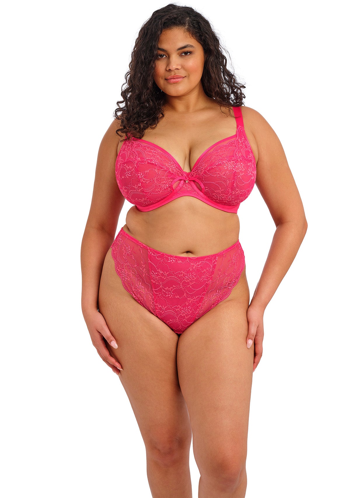 curvy woman wearing a azalea pink underwired plussize plunge bra 