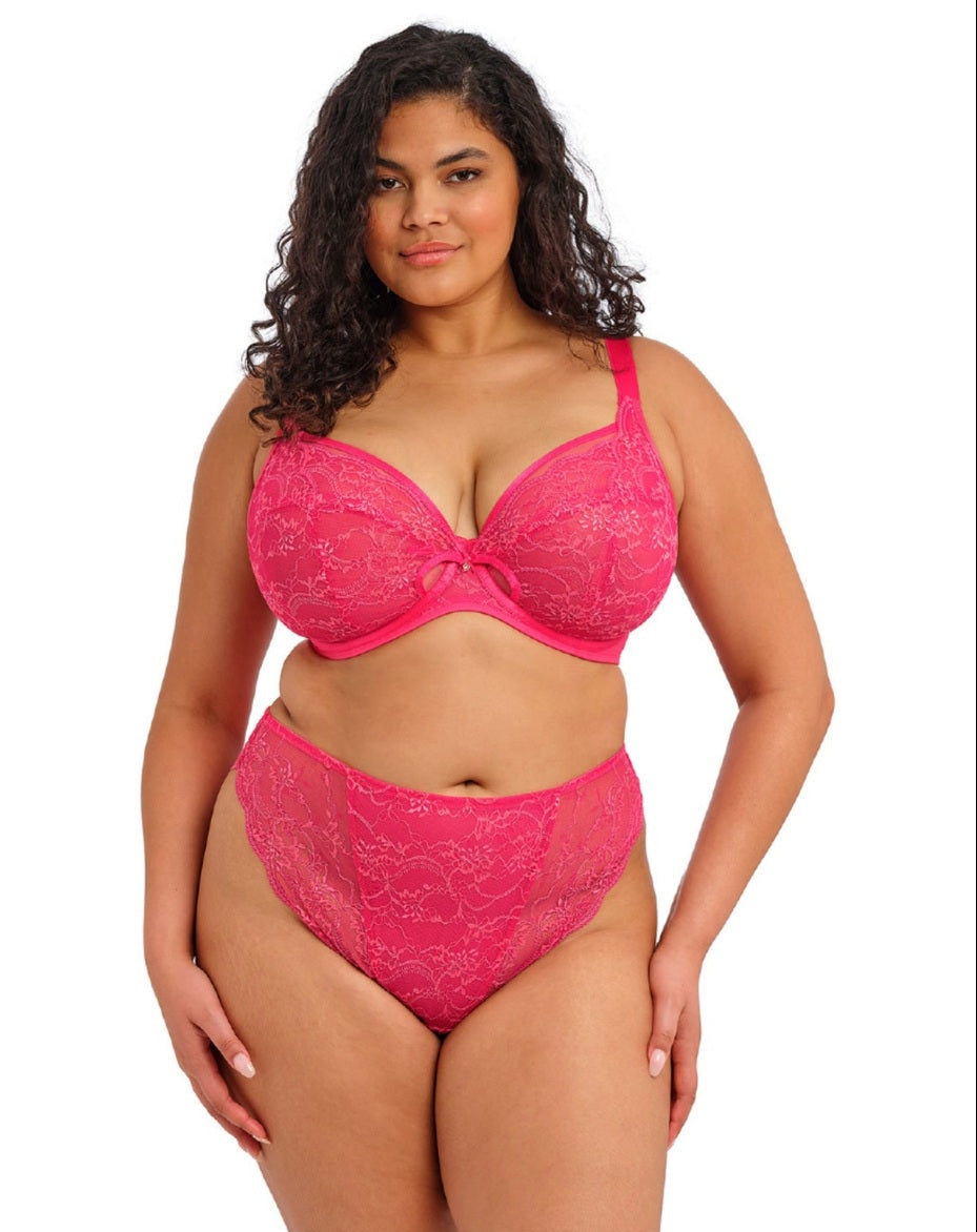 curvy woman wearing a azalea pink lace high leg brief 