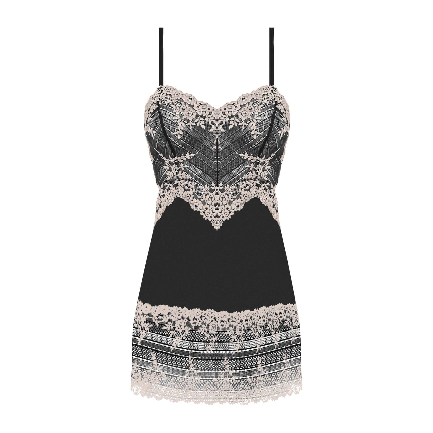 woman's chemise nightwear dress in black mesh with embroidered ivory flowers