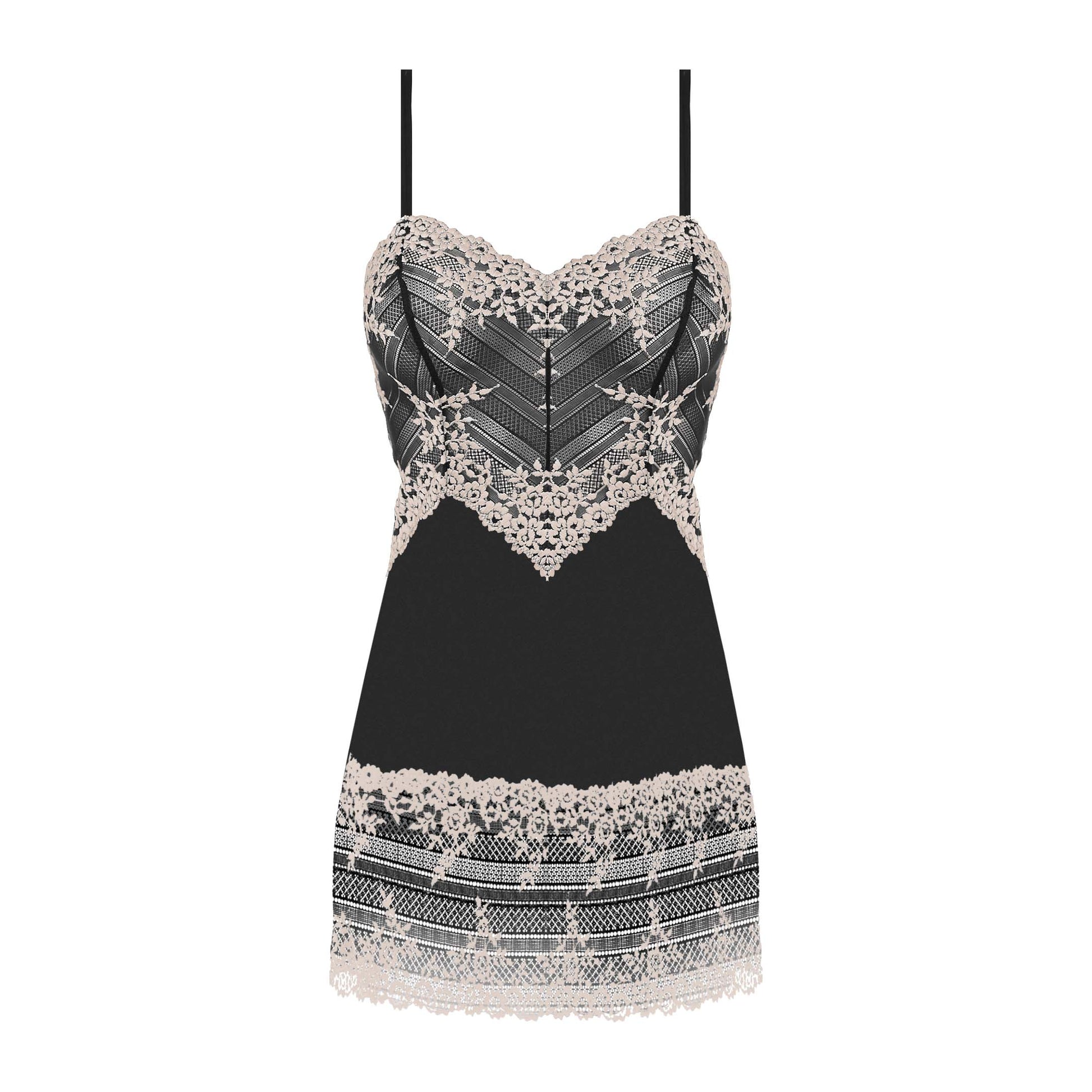 woman's chemise nightwear dress in black mesh with embroidered ivory flowers
