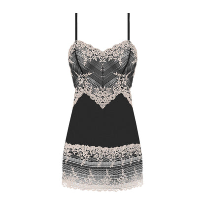 woman's chemise nightwear dress in black mesh with embroidered ivory flowers