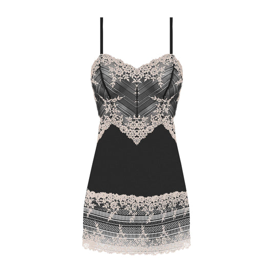 woman's chemise nightwear dress in black mesh with embroidered ivory flowers
