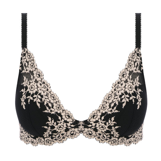 black lace plunge bra with flower details in ivory color