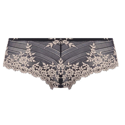 woman wearing ablack tanga with lace  flower details in ivor