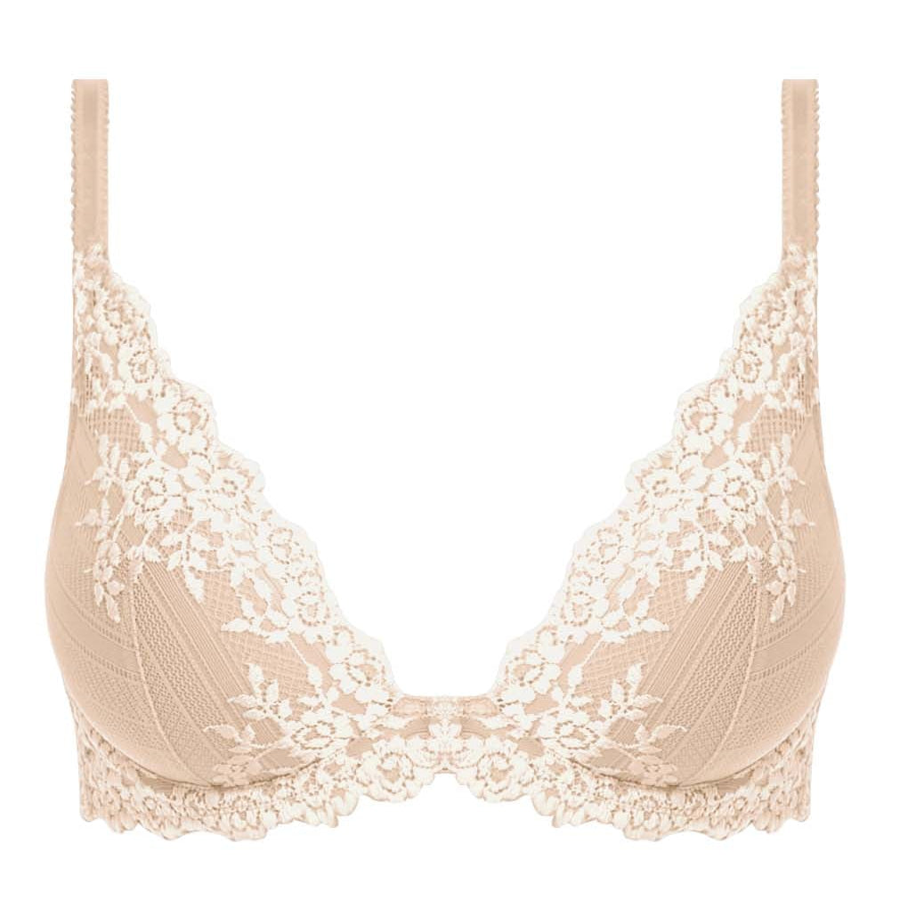 Plunge lace bra in nude color with ivory flower details