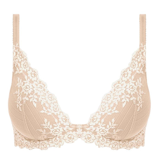 Plunge lace bra in nude color with ivory flower details