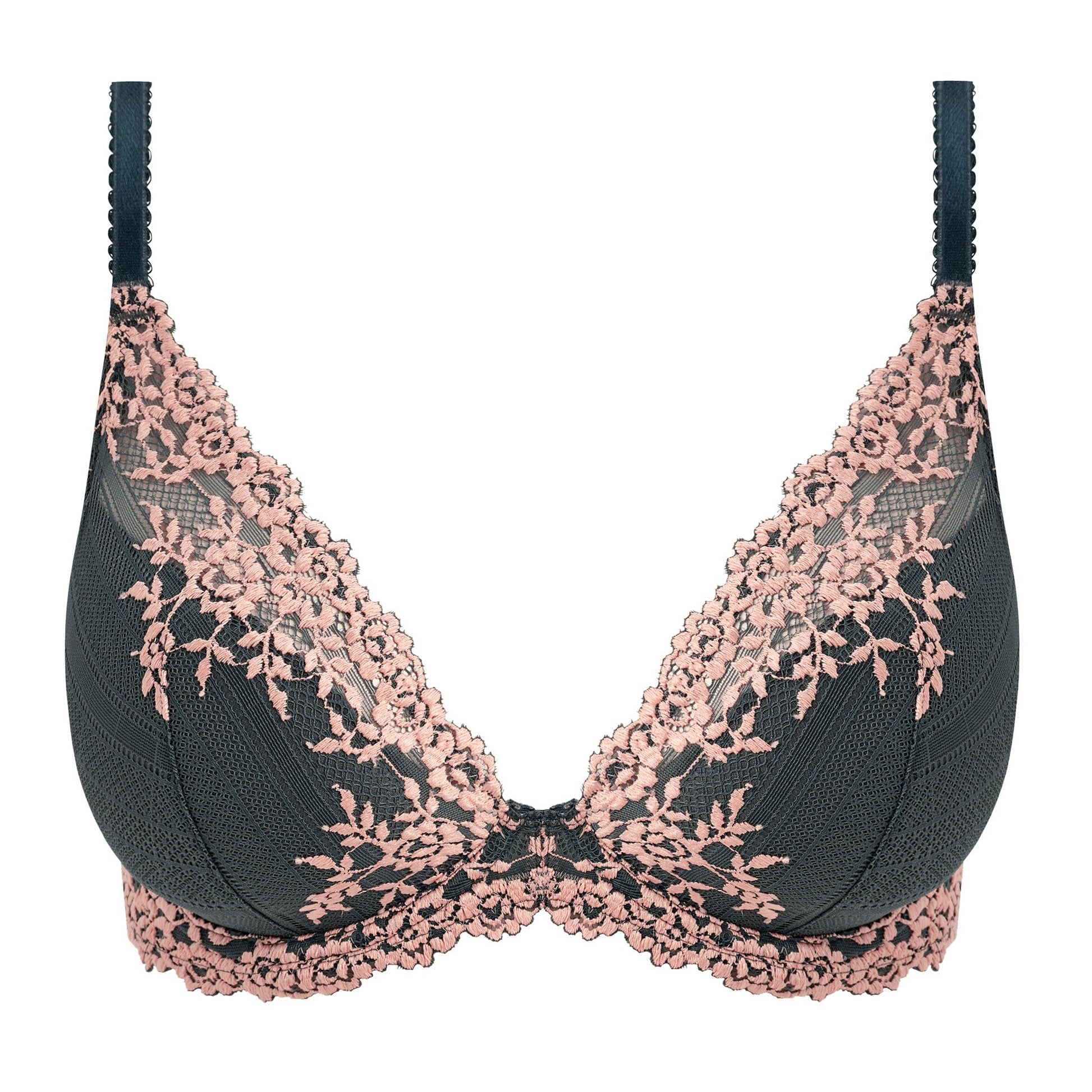 grey steelblue push up bra with beautiful pink embroidered flowers