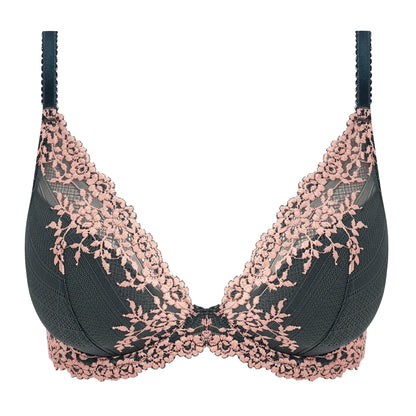 grey steelblue push up bra with beautiful pink embroidered flowers