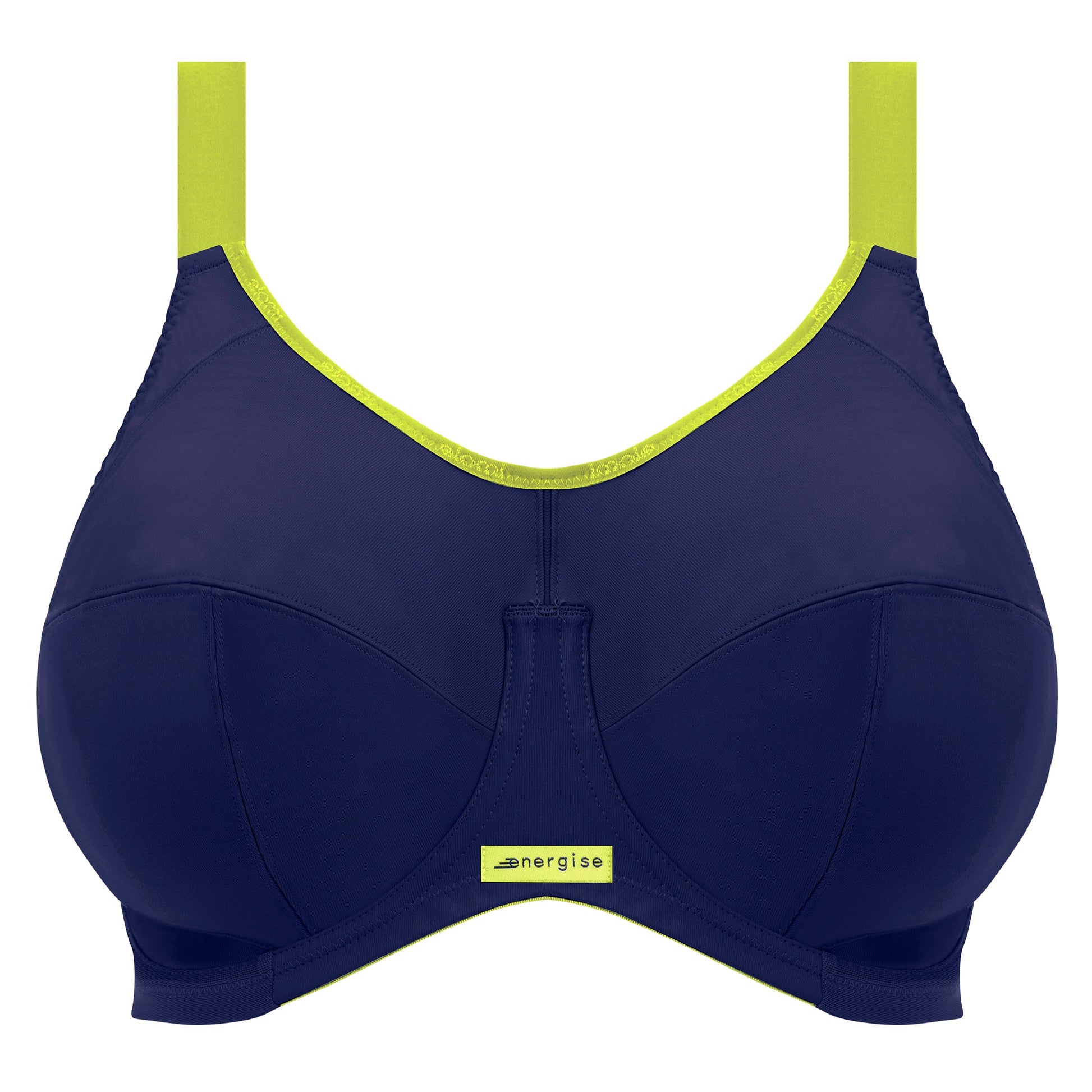 plussize sportsbra in navy blue with accents in lime color