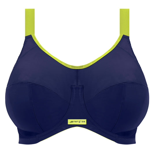 plussize sportsbra in navy blue with accents in lime color