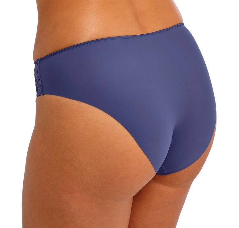 woman wearing a denim blue brief with lace details