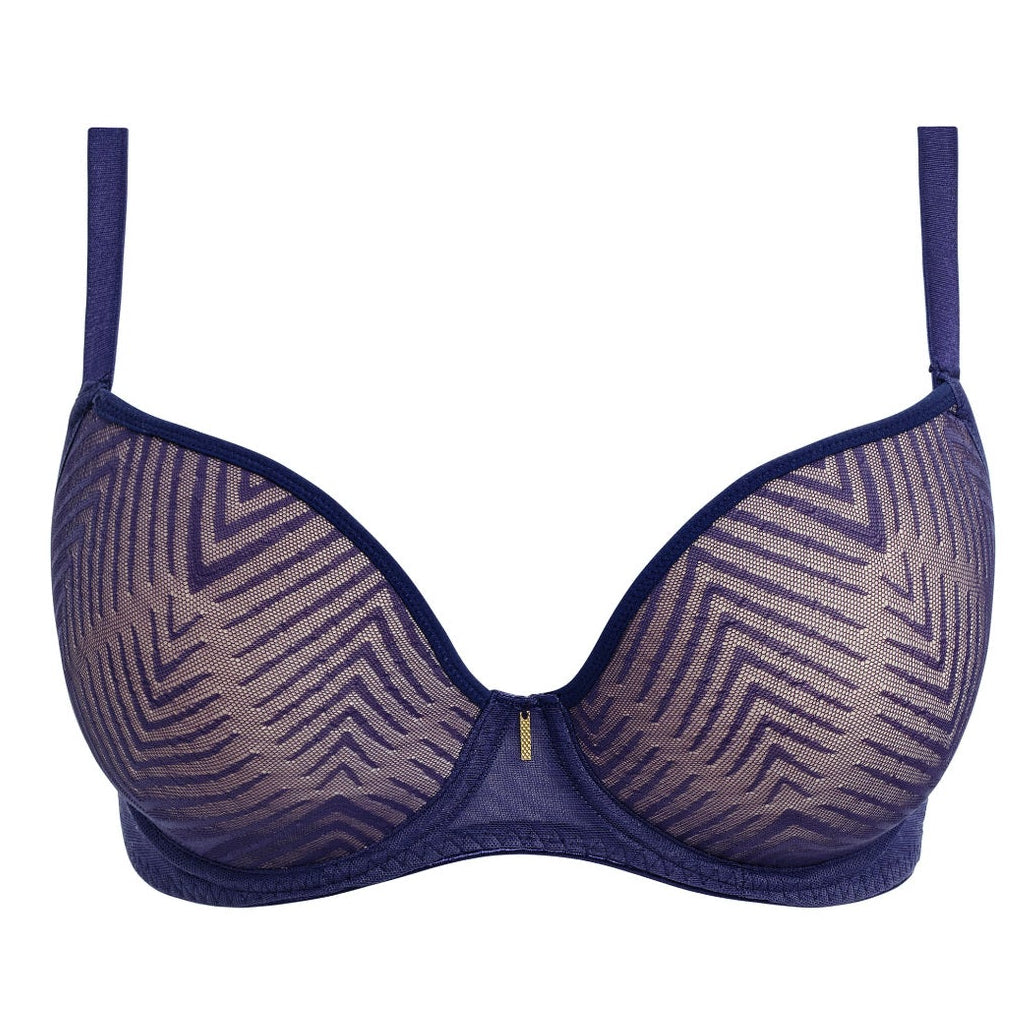 big cup moulded plunge t-shirt bra in dark sapphire with an abstract stripe pattern