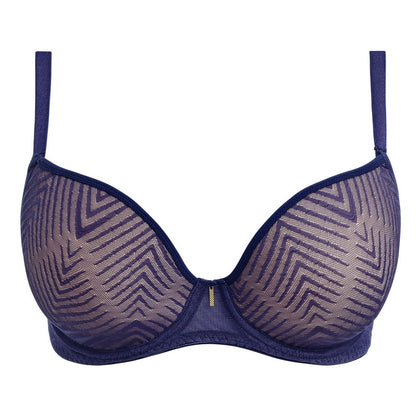 big cup moulded plunge t-shirt bra in dark sapphire with an abstract stripe pattern