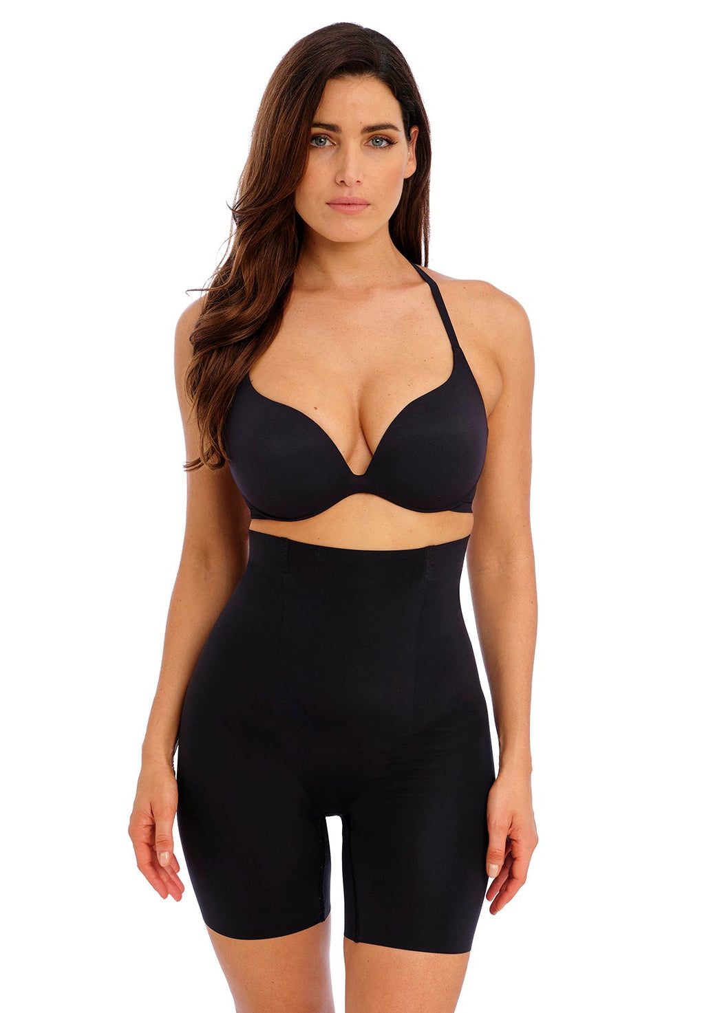 woman wearing a black  push up t-shirt bra